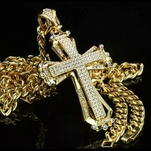 14KT GOLD GP CROSS CZ PAVE ENCRUSTED CUBAN CURB CH